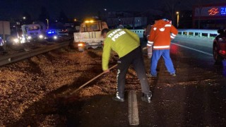 Polis eline aldığı fırçayla devrilen tırdan yola dökülen talaşı temizledi