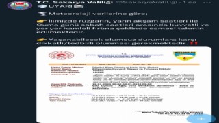 Sakarya Valiliği fırtına için uyardı