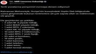 Zeytin Dalı bölgesinde çok sayıda silah ve mühimmat ele geçirildi