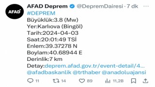 Bingölde 3.8 büyüklüğünde deprem