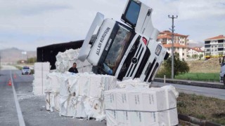 Kontrolden çıkan selüloz yüklü tır devrildi