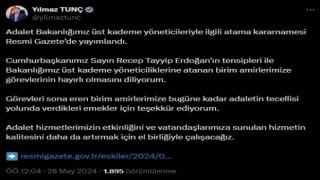 Adalet Bakanlığı üst kademe yöneticileriyle ilgili atama kararnamesi Resmi Gazetede yayımlandı