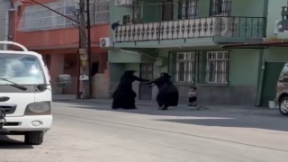 Dilenci kadınların terlikli, çantalı yer kavgası kamerada