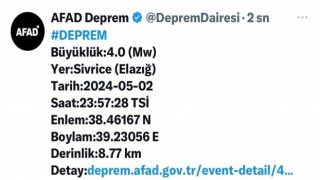 Elazığda 4.0 büyüklüğünde deprem