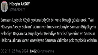 İsmi Samsunda bulvara verilen Vali Aksoydan teşekkür mesajı