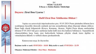 Niğde Valiliği uyardı zirai don uyarısı yaptı