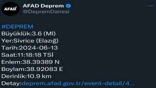 Elazığda 3.6 büyüklüğünde deprem