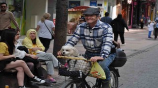 Köpeğini bisikletinin sepetine koyup güzel havanın tadını çıkardı