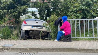 Rizede bariyerleri aşarak bahçe ile kaldırım arasında asılı kaldı