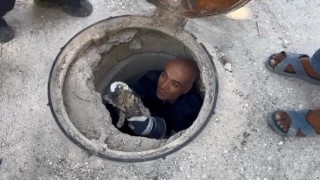 Lağım borusuna sıkışan kediyi itfaiye ekipleri kurtardı