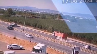 Hafriyat kamyonunun lastiği bomba gibi patladı, o anlar kamerada