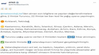 AFAD, 2 ilde turuncu, 22 ilde ise sarı kod ile yağış uyarısı yaptı