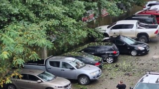 Artvinin Hopa ilçesinde yamaçtan kopan kayalar park halindeki 7 araca hasar verdi