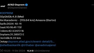 Bartın açıklarında 4,8 büyüklüğünde deprem