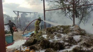 Bahçedeki samanlar alev alev yandı