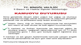 Bingölün 4 ilçesinde okullar yarın tatil edildi
