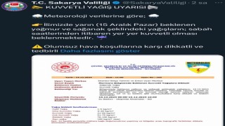 Sakaryada kuvvetli yağış uyarısı