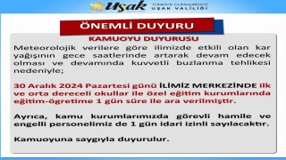 Uşakta kar nedeniyle okullar 1 gün tatil edildi