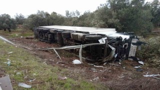 Yabancı plakalı tır karşı şeride geçerek hendeğe yuvarlandı