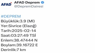 Elazığda 3.9 büyüklüğünde deprem