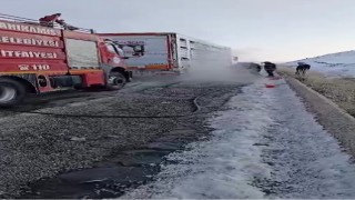 Sarıkamışta lastiği patlayan tır alev aldı