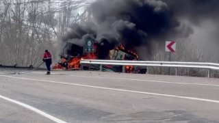 Yoldan çıkıp devrilen tır alev alev yandı