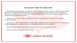 Depremle ilgili Bursa Valiliğinden açıklama