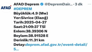 Elazığda 4,9 büyüklüğünde deprem
