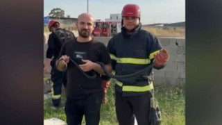 Bahçeye Giren Yılanı İtfaiyeci Yakaladı, Vatandaşlar Hatıra Fotoğrafı Çektirdi