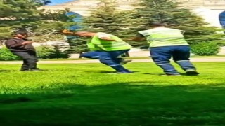 Davulun sesini duyan temizlik görevlileri, oynamaya başladı