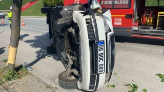 Düz giderken ağaca çarpıp devrildi: O anlar kamerada