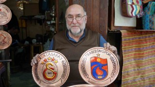 Gaziantepte Galatasaray ve Trabzonsporun logoları ilmek ilmek bakıra işleniyor