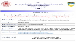 Meteorolojiden Elazığ için kuvvetli yağış uyarısı