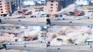 Binanın iş makinesinin üzerine çöktüğü anlar kamerada