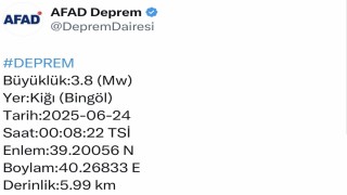 Bingölde 3.8 büyüklüğünde deprem