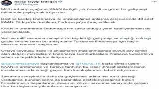 Cumhurbaşkanı Erdoğan duyurdu: Türkiyeden Endonezyaya 48 KAANlık tarihi ihracat