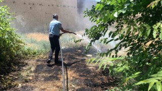 Karamanda cami avlusundaki kuru otlar tutuştu