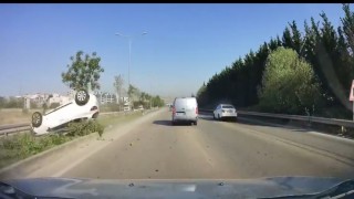 Kontrolden çıktı böyle takla attı, kaza yapan çiftin burnu kanamadı