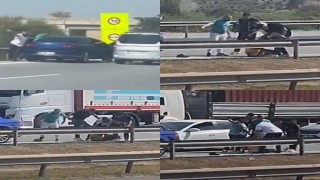 Otoyolda sürücü önce dövüldü sonra suyla ayıtılmaya çalışıldı: O anlar kamerada