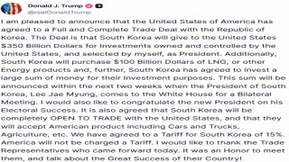 ABD Başkanı Donald Trump, Güney Kore ile ticaret anlaşmasına varıldığını duyurdu