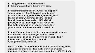 Bursa Büyükşehirden yangın yardımı dolandırıcılığına karşı uyarı