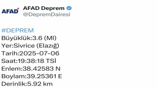 Elazığda 3.6 büyüklüğünde deprem