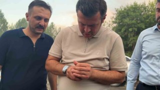 Karabük Belediye Başkanı Çetinkaya, yangında etkilenen serçeye elleriyle su verdi