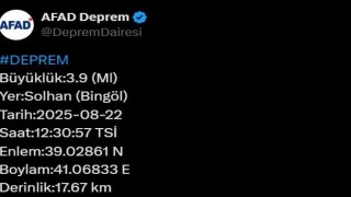 Bingölde 3.9 büyüklüğünde deprem