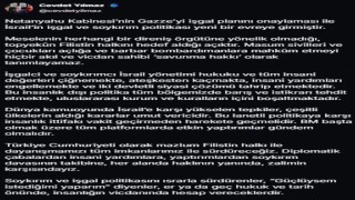 Cumhurbaşkanı Yardımcısı Yılmaz: Mazlum Filistin halkı ile dayanışmamızı tüm imkanlarımız ile sürdüreceğiz