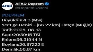 Muğlada 4.3 büyüklüğünde deprem