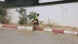 Okul bahçelerinde ot biçme çalışması yapılıyor