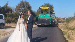 Düğün fotoğrafını damadın iş yerinde sıcak asfalt dökülürken çekildiler