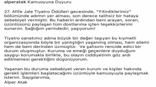 Afife Jale Tiyatro Ödüllerinde akılalmaz hata: Oyuncu Alper Atak hayatını kaybedenler arasında anıldı