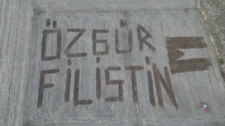 Çanakkaleli çiftçi Filistine destek için tarlasına Özgür Filistin yazdı